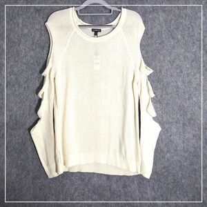 Express Sweater M Cream Open Knit Strappy Long Cold‎ Shoulder Lightweight Retro